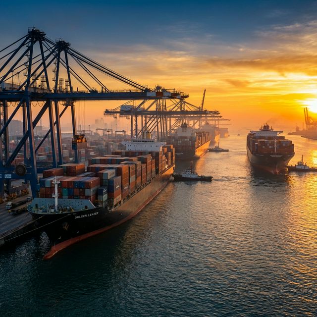 Puerto de comercio internacional con contenedores y grúas al atardecer